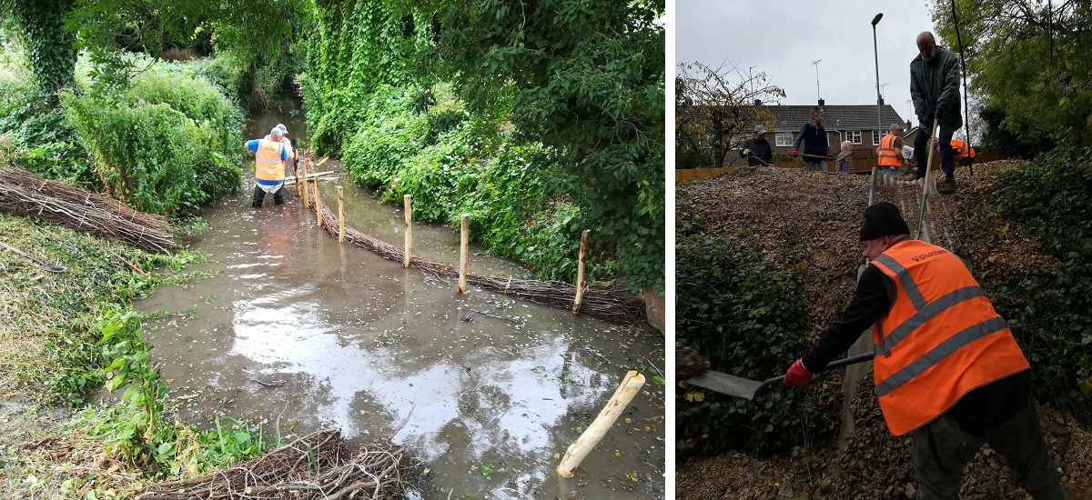 Photo of the work happening; shaping ledges and shovelling gravel